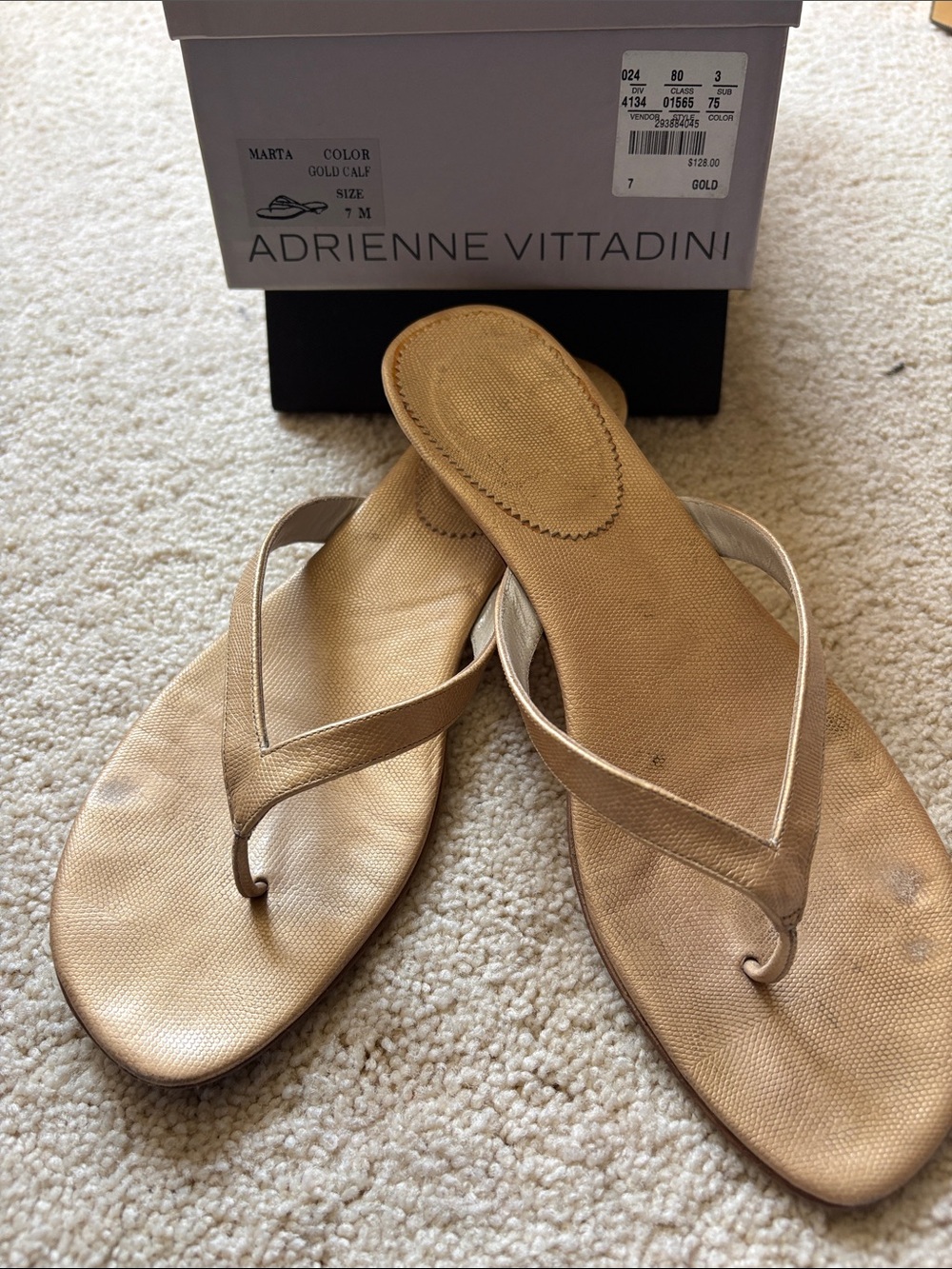 Adrienne Vittadini Gold Leather Thong Sandals
